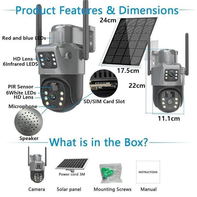 Caméra dôme solaire 360° à triple objectif